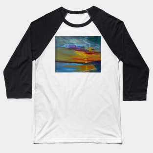 Wild Sunset. The brilliant sun sinks behind the mountain and shines reflections across the ocean and beach in all of its colorful glory. Baseball T-Shirt